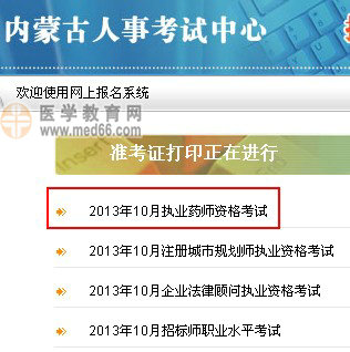 2013年內(nèi)蒙古執(zhí)業(yè)藥師準(zhǔn)考證打印入口