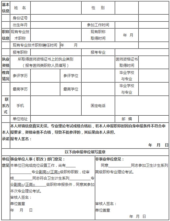 2016年度湖南省衛(wèi)生計(jì)生系列高級職稱專業(yè)理論考試報(bào)名表