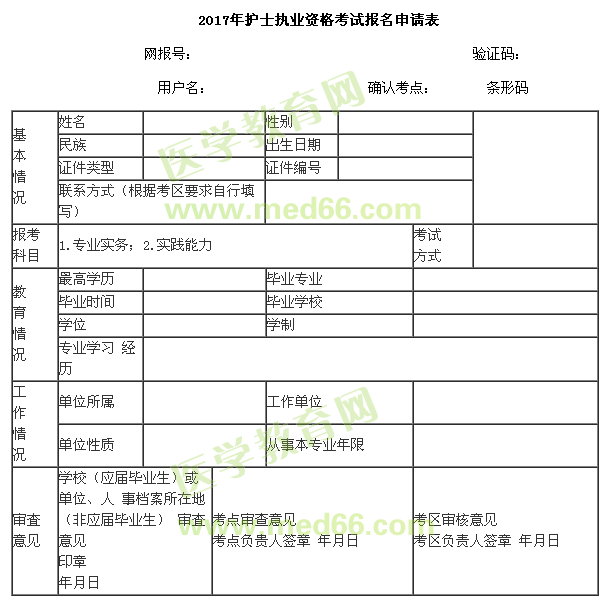 2017年護士執(zhí)業(yè)資格考試報名申請表-醫(yī)學(xué)教育網(wǎng)