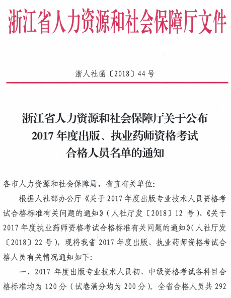 浙江省2017年出版、執(zhí)業(yè)藥師資格考試合格人員名單公示