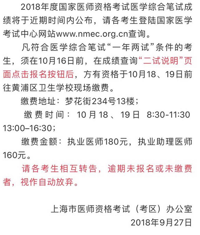 上海市2018年醫(yī)師資格考試成績(jī)查詢?nèi)肟诩岸噲?bào)名繳費(fèi)通知