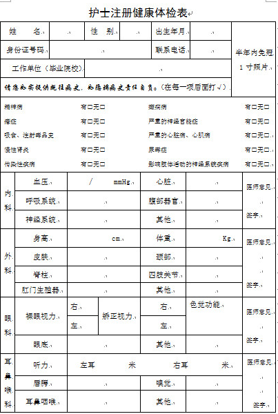 2018護(hù)士注冊體檢表_護(hù)士注冊健康體檢表下載