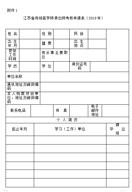 江蘇省傳統(tǒng)醫(yī)學(xué)師承出師考核申請(qǐng)表（2019年）