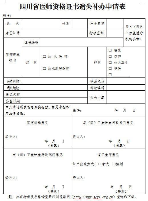 南部縣四川省醫(yī)師資格證書遺失補辦申請表