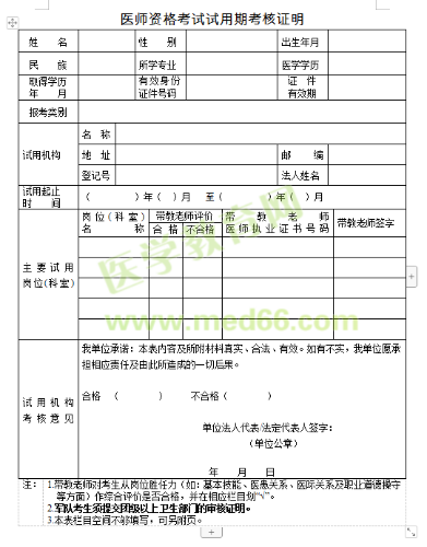 醫(yī)師資格考試試用期考核證明表下載