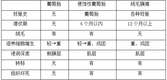 絨癌、侵蝕性葡萄胎、葡萄胎的鑒別