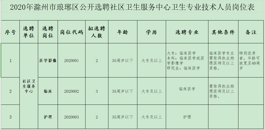 2020年1月份滁州市瑯琊區(qū)（安徽?。┕_招聘醫(yī)療崗崗位計(jì)劃表