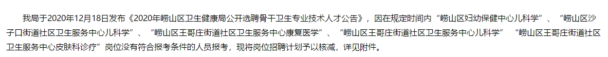 2020年青島嶗山區(qū)衛(wèi)健局（山東?。┕_選聘骨干衛(wèi)生專業(yè)技術(shù)人才核減部分招聘計(jì)劃