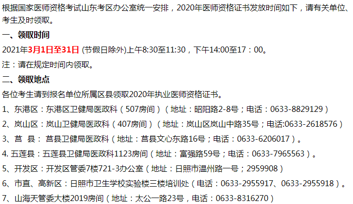 山東日照各區(qū)縣2020年臨床執(zhí)業(yè)醫(yī)師資格證領取地點及要求！