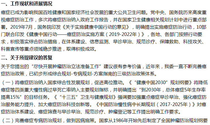 國家衛(wèi)健委關(guān)于盡快制定腫瘤防治法的建議答復(fù)！