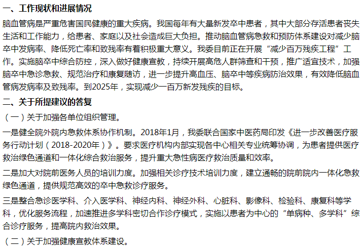 國家衛(wèi)健委關(guān)于加強腦卒中急救體系建設(shè)的建議答復(fù)！