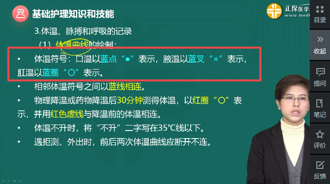 護士在體溫單上繪制肛溫的符號