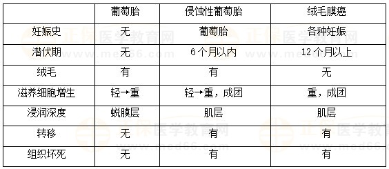 絨癌、侵蝕性葡萄胎、葡萄胎的鑒別